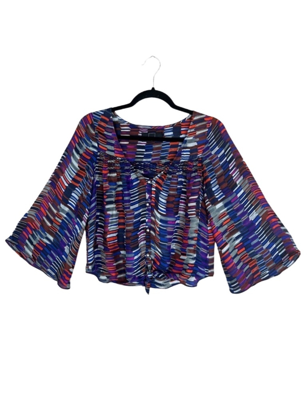 Dolce Vita 100% Silk Multicolor Brushstroke Print Blouse Smocked Tie Front XS